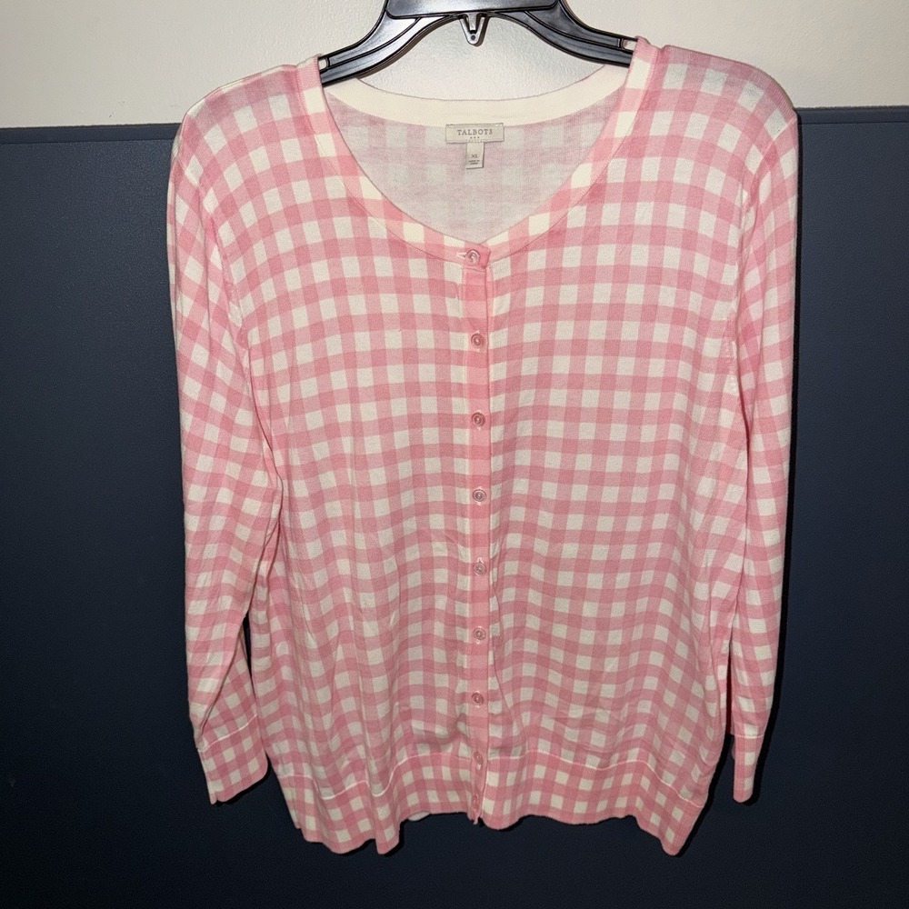 Talbots Pink/White Gingham Checked Button Front Cardigan Sweater Size XL